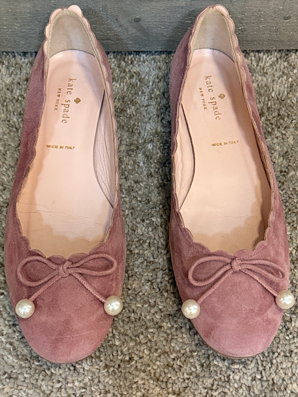 Kate Spade Murray Pink Suede Pearl Bow Scalloped Ballet Flats Coquette 7.5